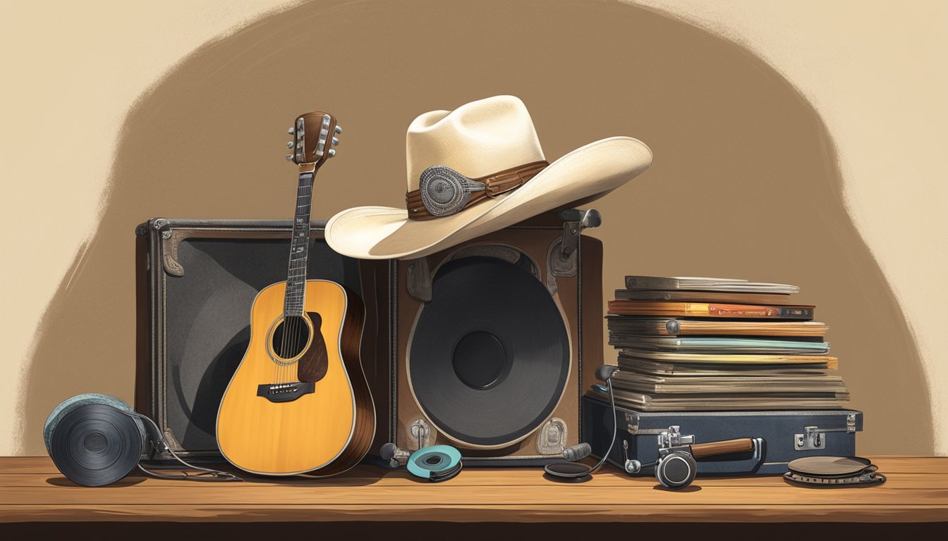 A cowboy hat resting on a weathered guitar case, surrounded by old vinyl records and a vintage microphone on a stage