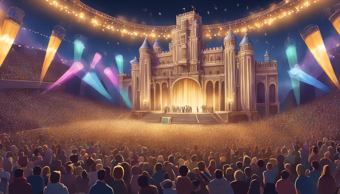 A grand stage with elaborate lighting and a backdrop of a castle, surrounded by a sea of cheering fans