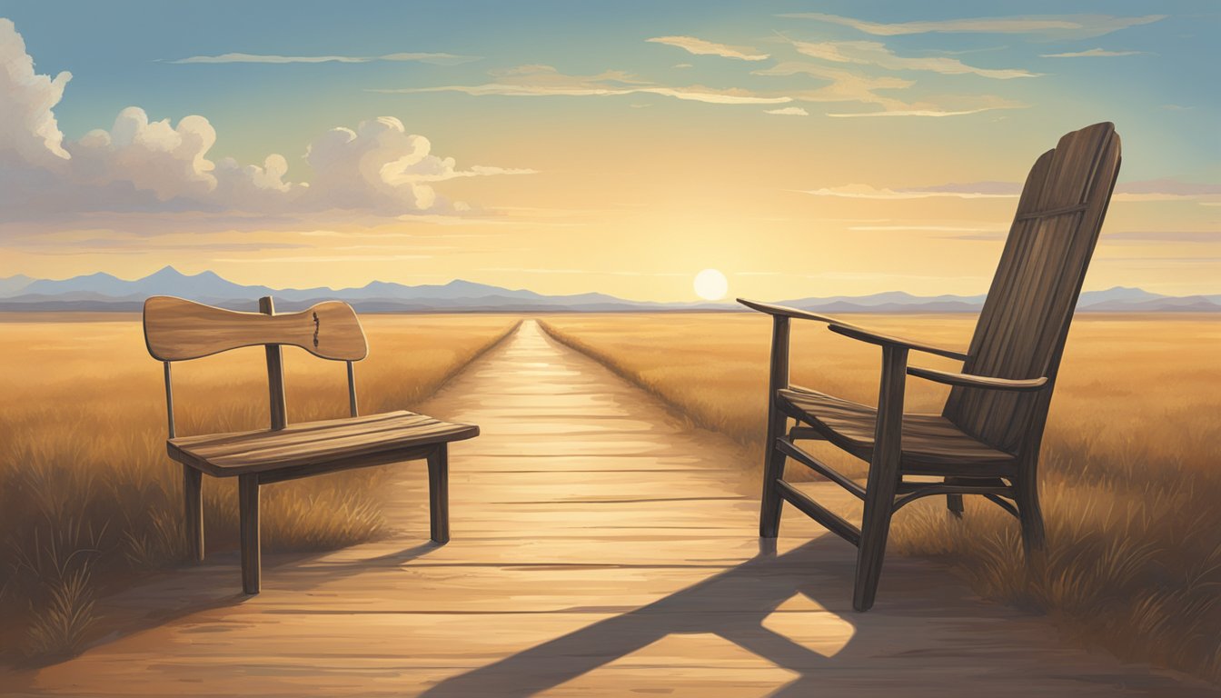 A lone guitar sits on a weathered wooden chair in the middle of a dusty Texas road, surrounded by rolling fields and a big, open sky