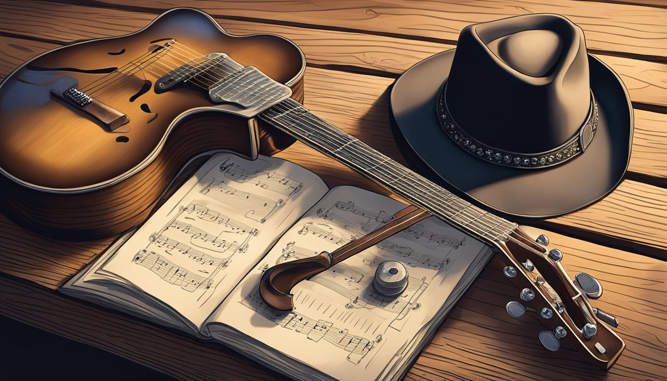 A guitar, fiddle, and cowboy hat lay on a rustic wooden table, surrounded by sheet music and a worn leather journal