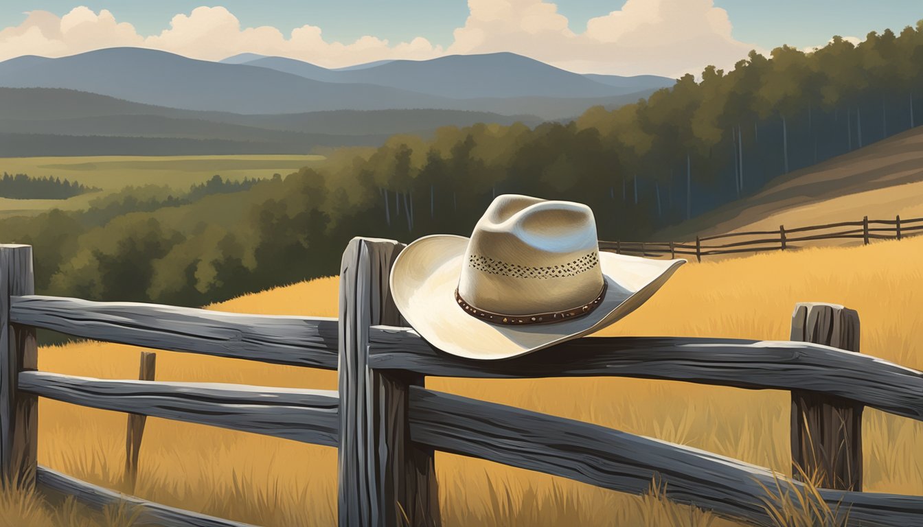 A lone cowboy hat rests on a weathered wooden fence post, surrounded by rolling hills and a rustic barn in the distance