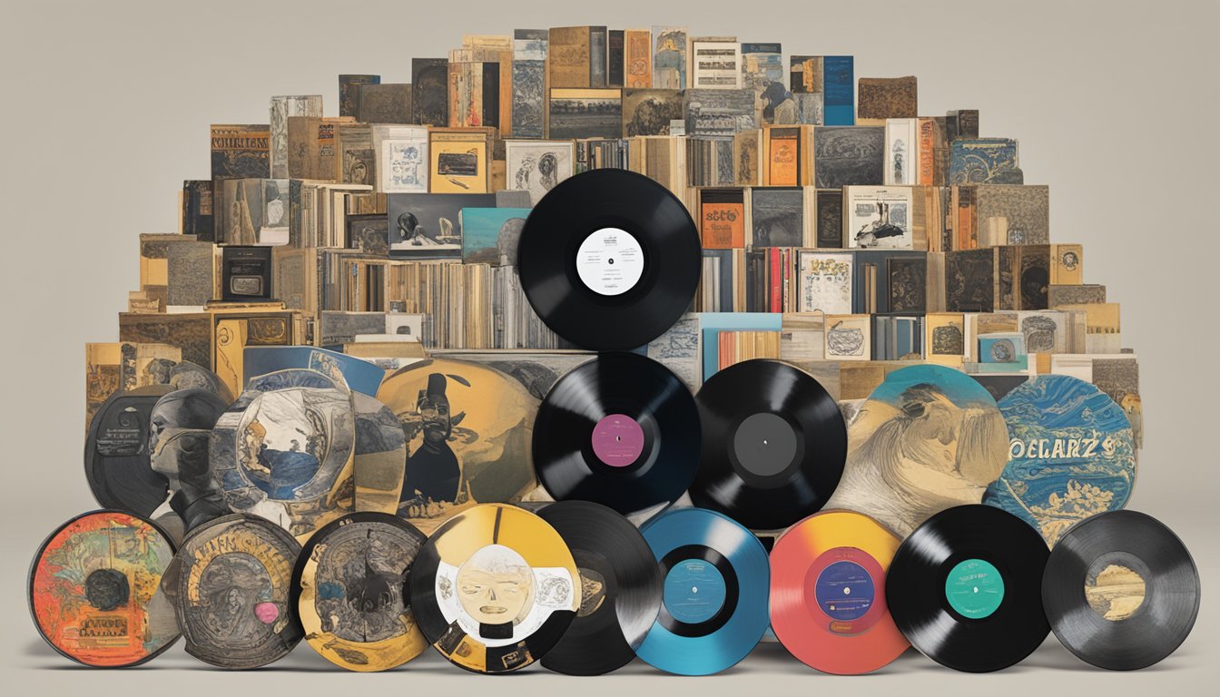 A stack of vinyl records with George's album covers, surrounded by awards and cultural artifacts