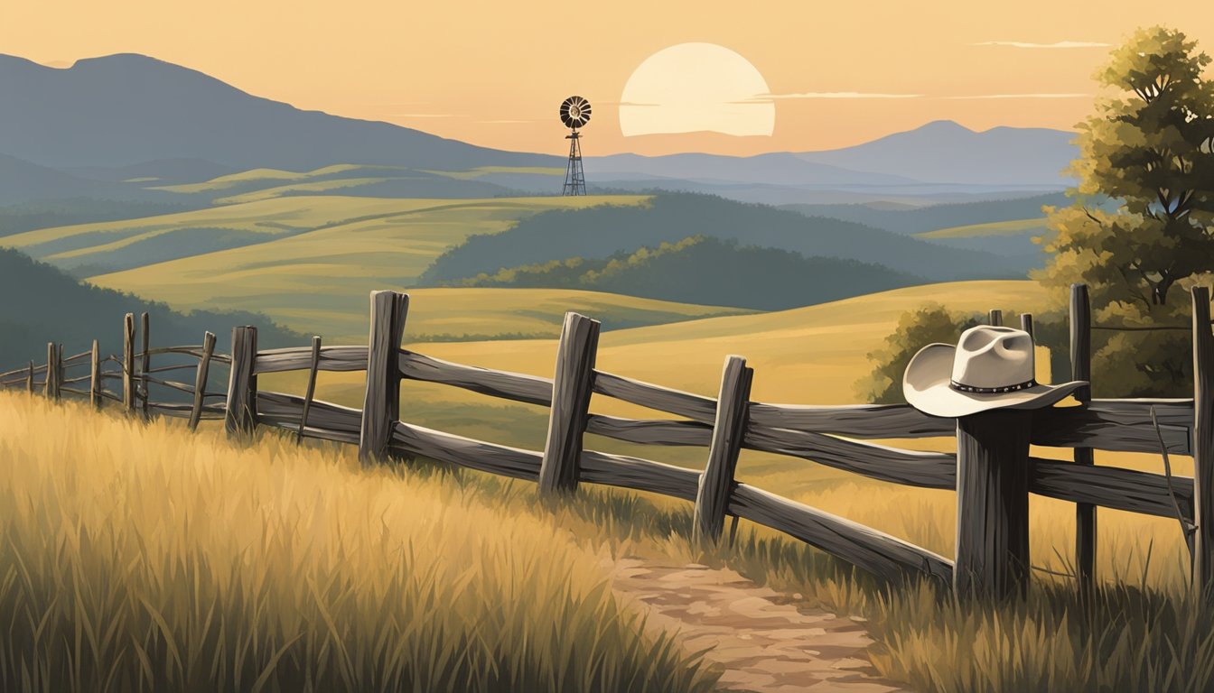 A lone cowboy hat sits atop a weathered fence post, surrounded by rolling hills and a lone windmill, symbolizing George Strait's deep connection to his Texas roots