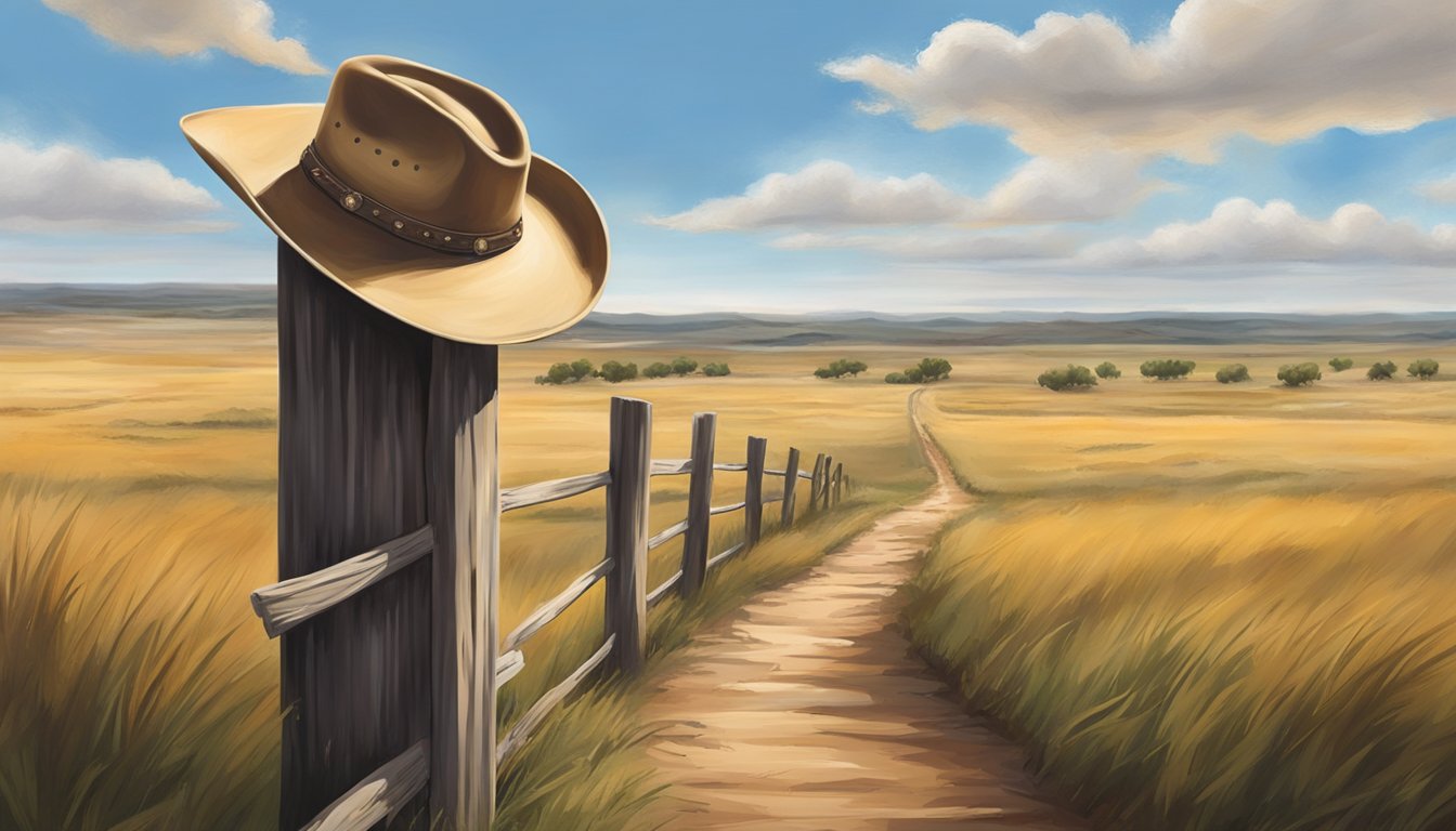 A lone cowboy hat rests on a weathered wooden fence, surrounded by the vast expanse of the Texas countryside. A winding dirt road leads off into the distance, disappearing into the horizon