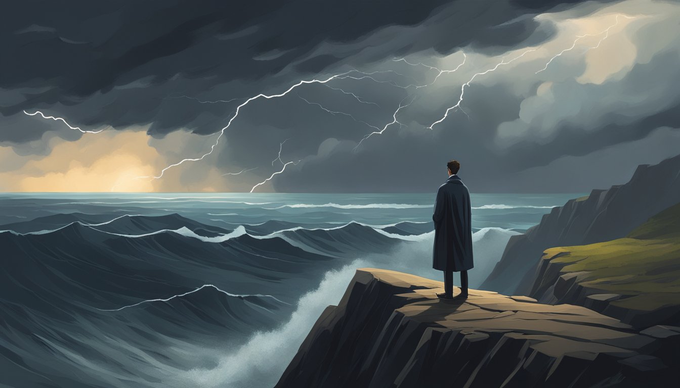 A solitary figure stands on a cliff overlooking a vast, turbulent sea, with a storm brewing in the distance. The sky is dark and brooding, with flashes of lightning illuminating the scene