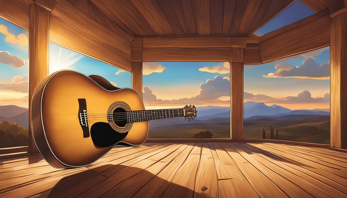 A lone guitar sits on a wooden stage, bathed in warm spotlight. The backdrop features a rustic Texas landscape, with rolling hills and a setting sun