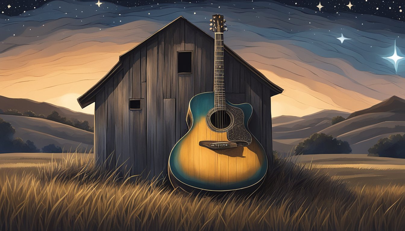 A lone guitar sits against a weathered barn, surrounded by rolling Texas hills and a starry night sky