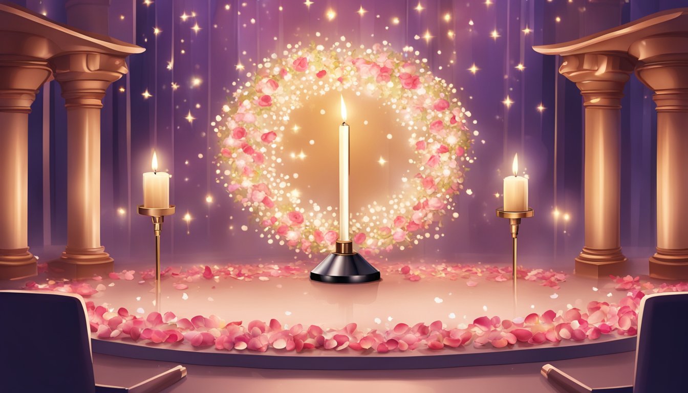 A candlelit stage with a single microphone, surrounded by scattered rose petals and a backdrop of twinkling stars