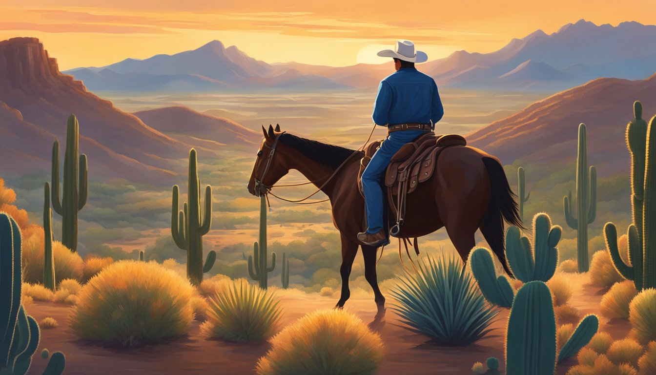 A lone cowboy rides through the rugged Texas landscape, surrounded by rolling hills and cacti. The sun sets behind him, casting a warm glow over the land