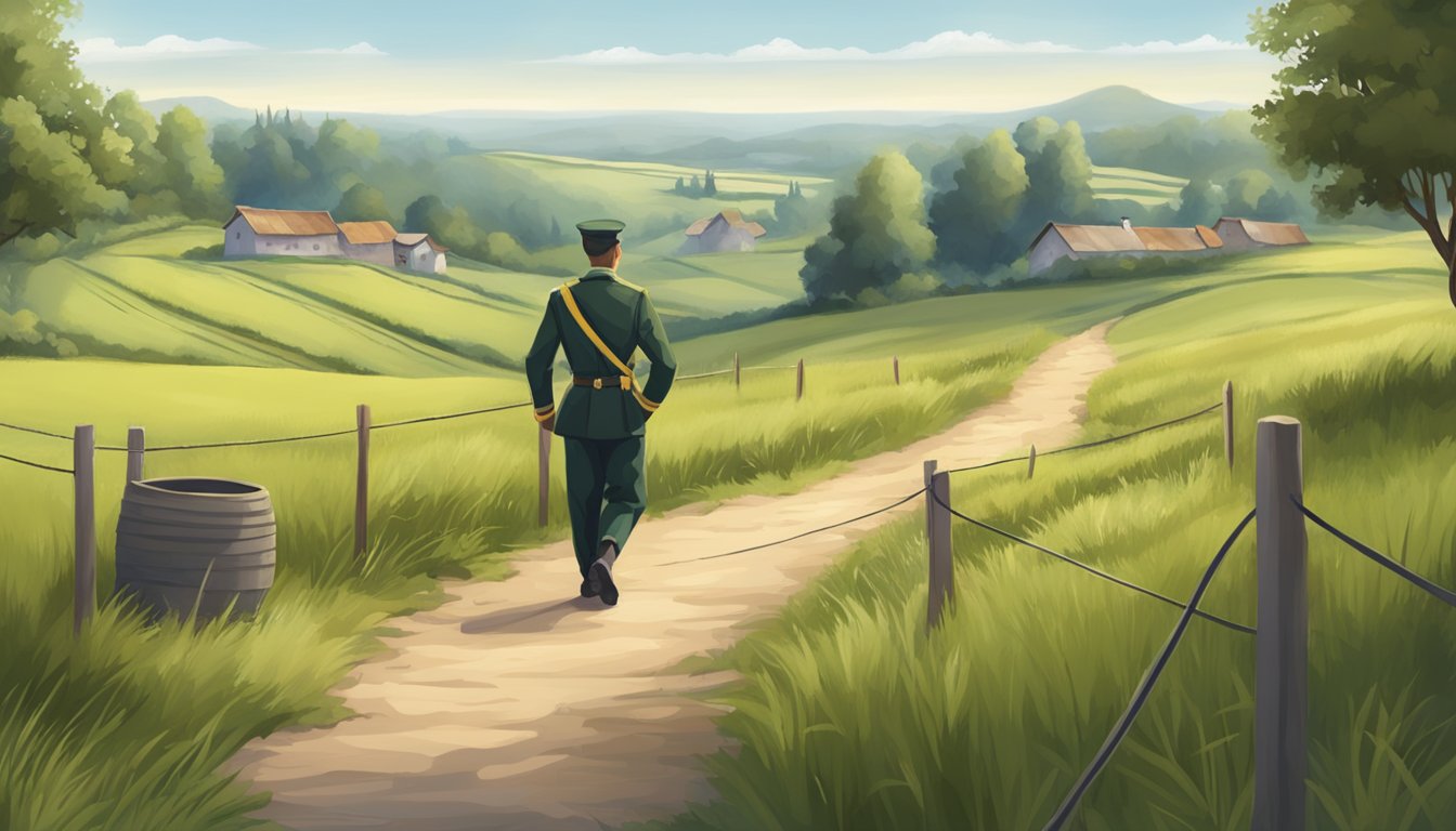 A narrow path winding through a peaceful countryside, with a military uniform and civilian clothes hanging on a clothesline