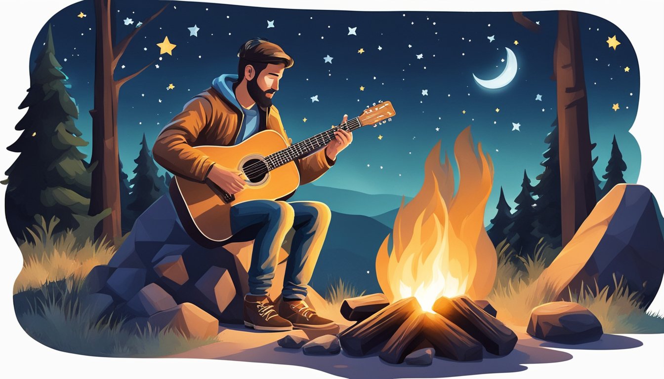 A man playing guitar by a campfire under the stars