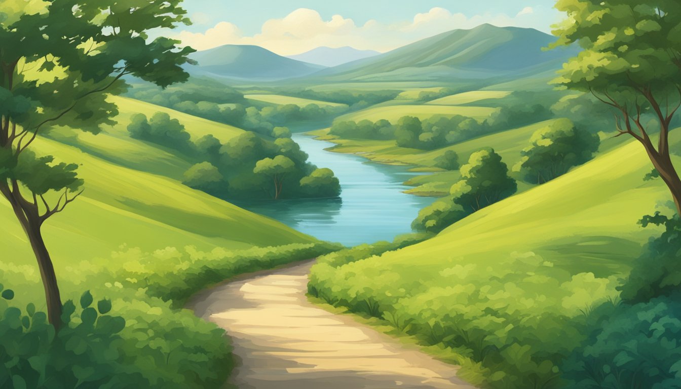 A narrow path winds through a serene countryside, surrounded by lush greenery and calm waters, symbolizing George's avoidance of controversy