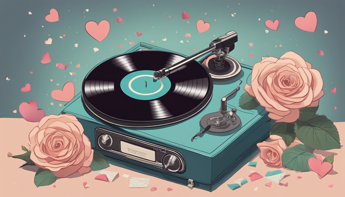 A vintage record player with a vinyl spinning, surrounded by scattered love letters and roses