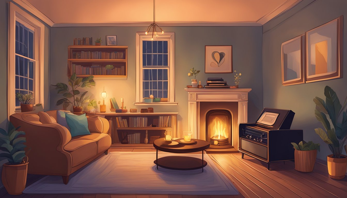 A cozy living room with a crackling fireplace, soft candlelight, and a vintage record player playing love songs