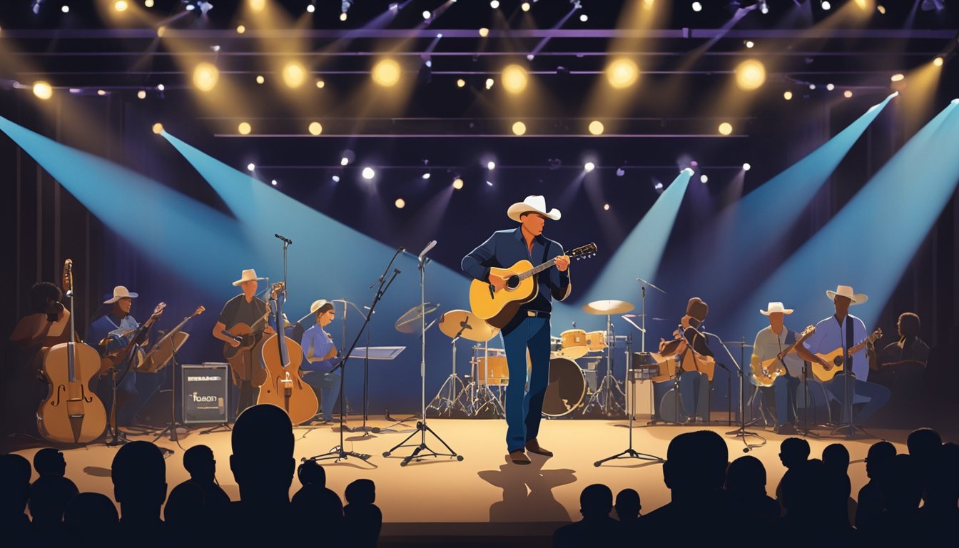 George Strait's silhouette on stage, surrounded by instruments and recording equipment. A spotlight shines on him as he gestures and speaks to a group of eager young musicians