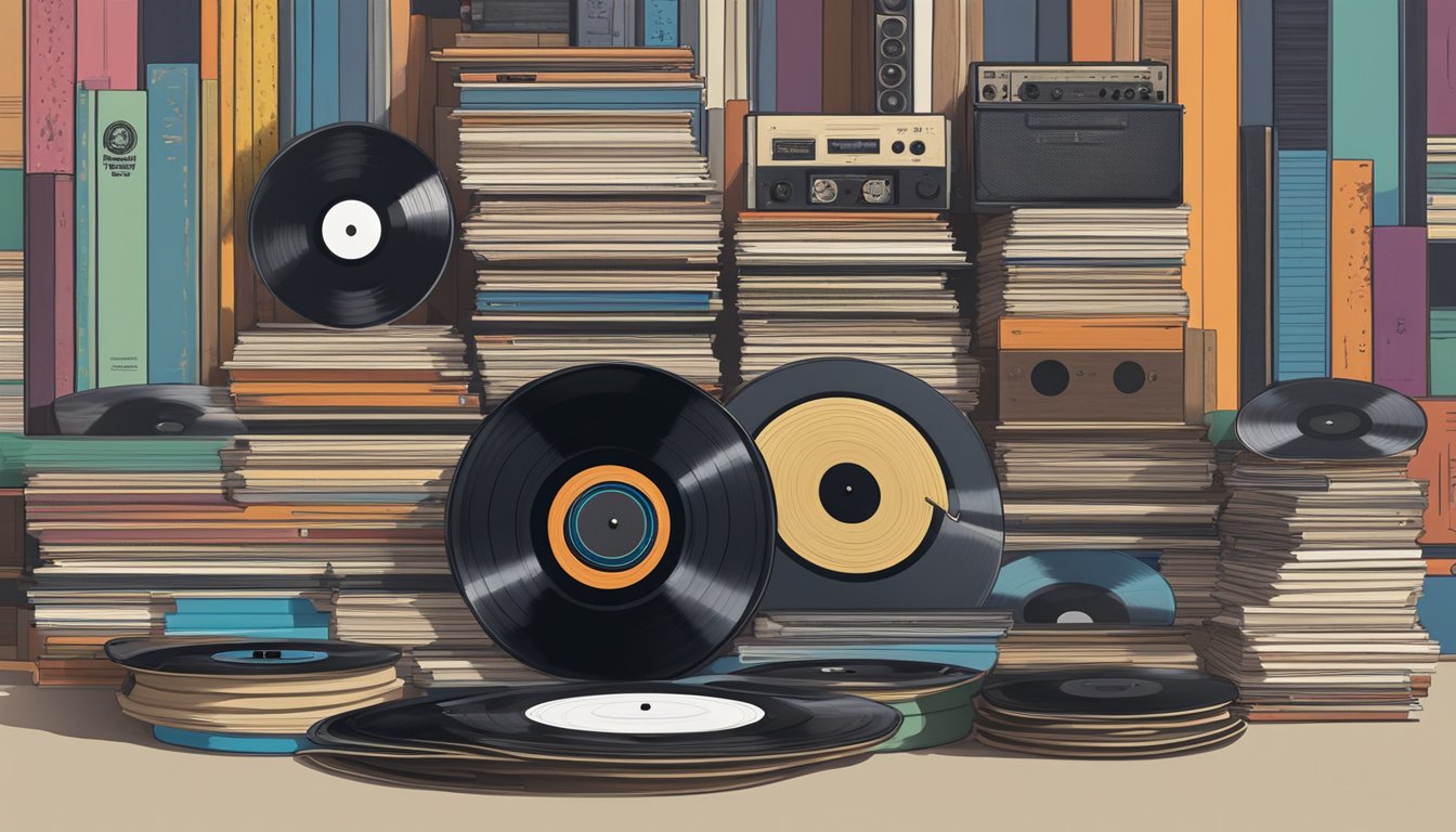 A stack of vinyl records with various chart-topping albums by George Strait, surrounded by musical notes and instruments