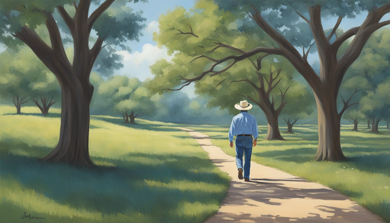 George Strait walking along a serene, tree-lined path, with a clear blue sky above and a peaceful, untroubled expression on his face