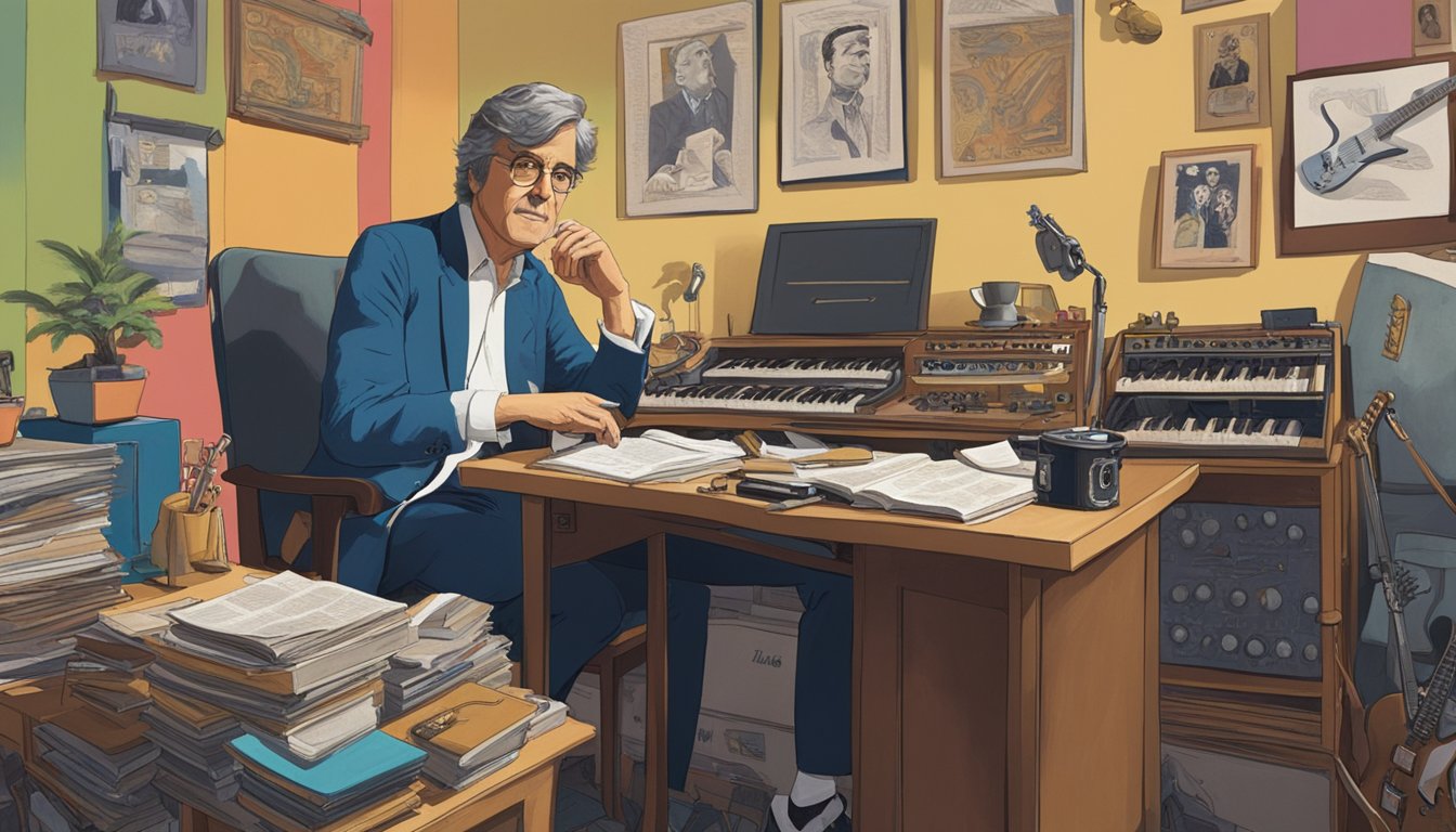 George sits at a cluttered desk, gesturing emphatically as he imparts advice to a group of attentive musicians. Posters of iconic performers line the walls, and a guitar rests in the corner