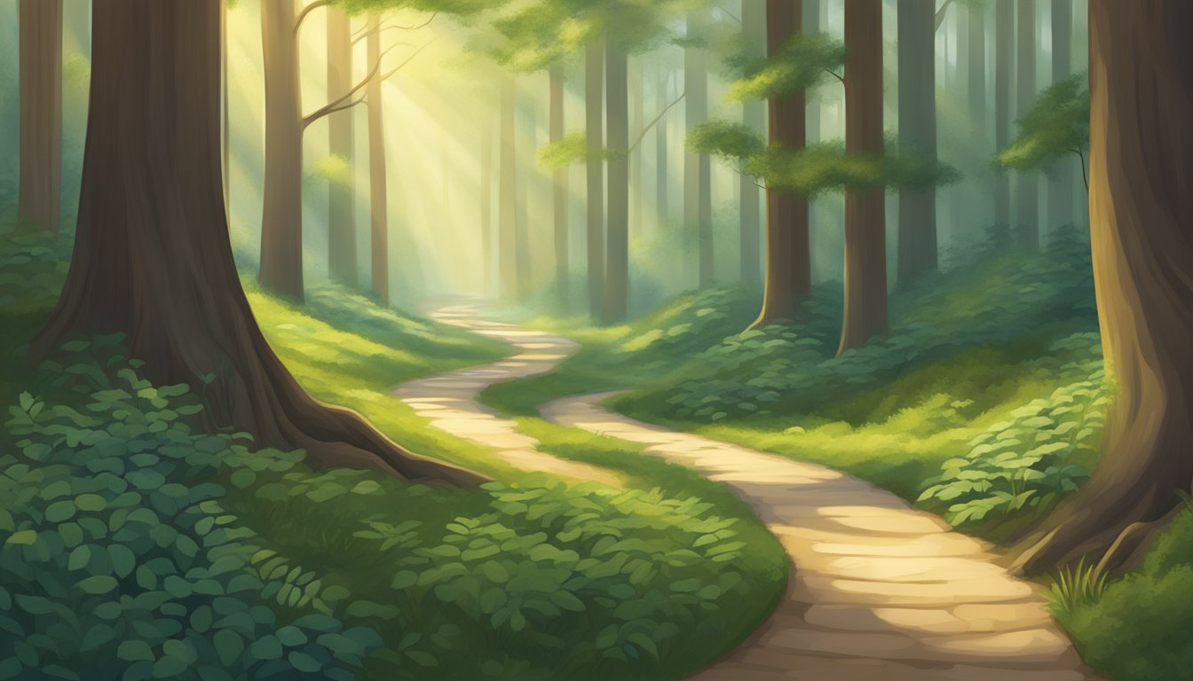 A winding path through a tranquil forest, with light filtering through the trees, symbolizing George's avoidance of controversy