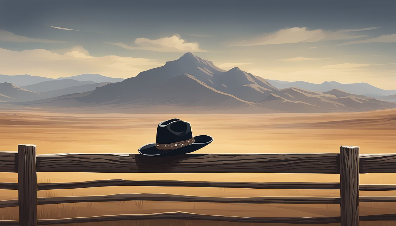 A lone cowboy hat rests on a weathered wooden fence post, surrounded by the vast expanse of a dusty rodeo arena