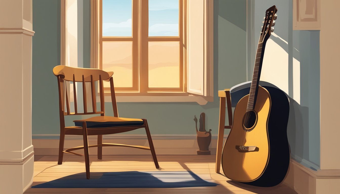 A lone guitar sits on a wooden chair, bathed in warm light from a nearby window. A cowboy hat rests on the back of the chair, casting a shadow over the instrument