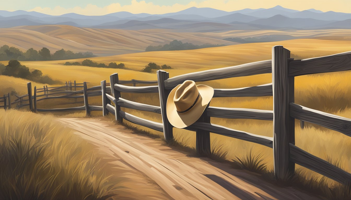 A lone cowboy hat sits atop a weathered wooden fence, surrounded by rolling hills and a dusty country road