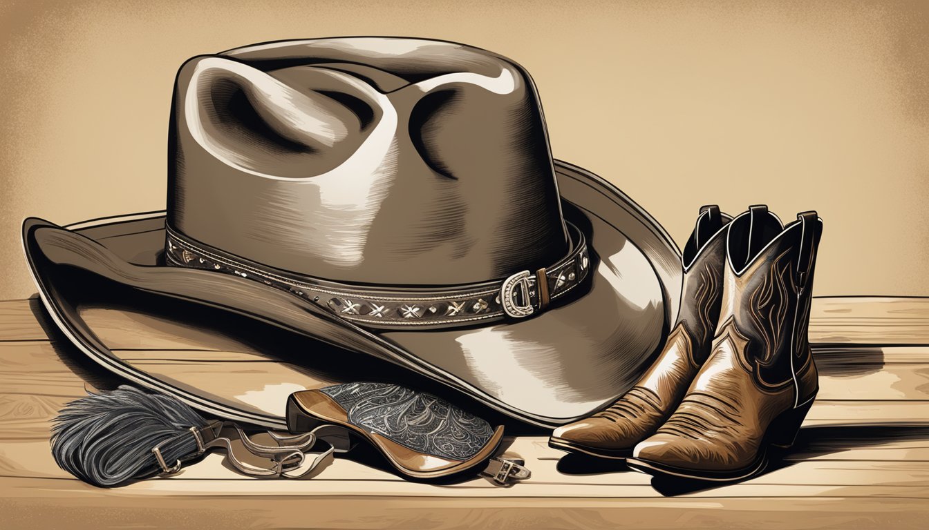 A classic cowboy hat and boots displayed alongside a guitar and western-style clothing