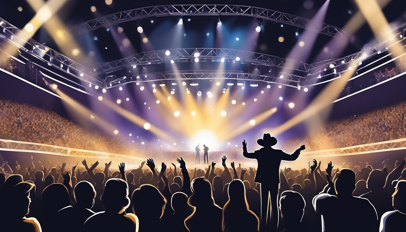 George Strait's silhouette performing on stage with a guitar, surrounded by a crowd of adoring fans. Bright lights illuminate the scene, creating a captivating atmosphere