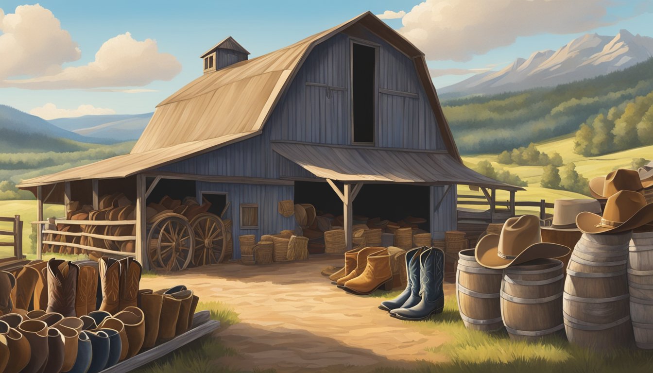 A rustic barn filled with cowboy boots, hats, and western-style clothing, surrounded by rolling hills and a clear blue sky