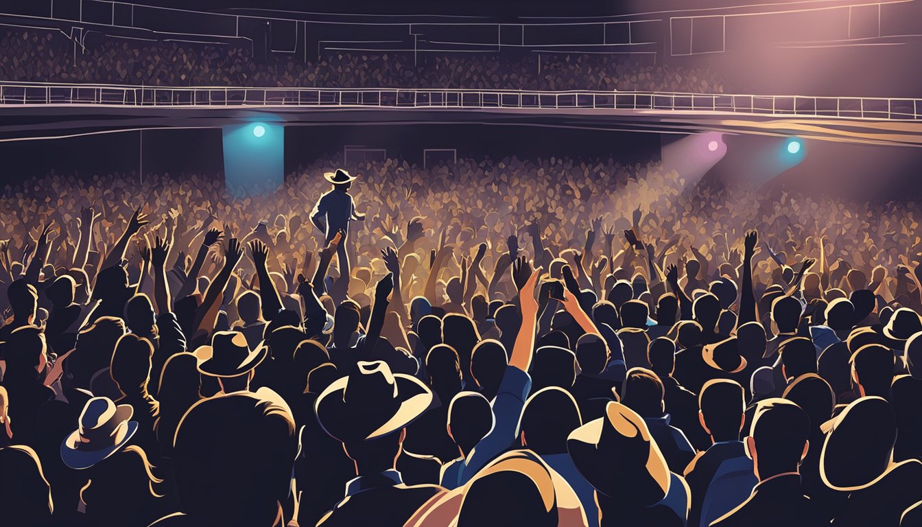 A crowded concert venue, fans reaching out to touch the stage, cowboy hats and boots, a spotlight on a microphone stand