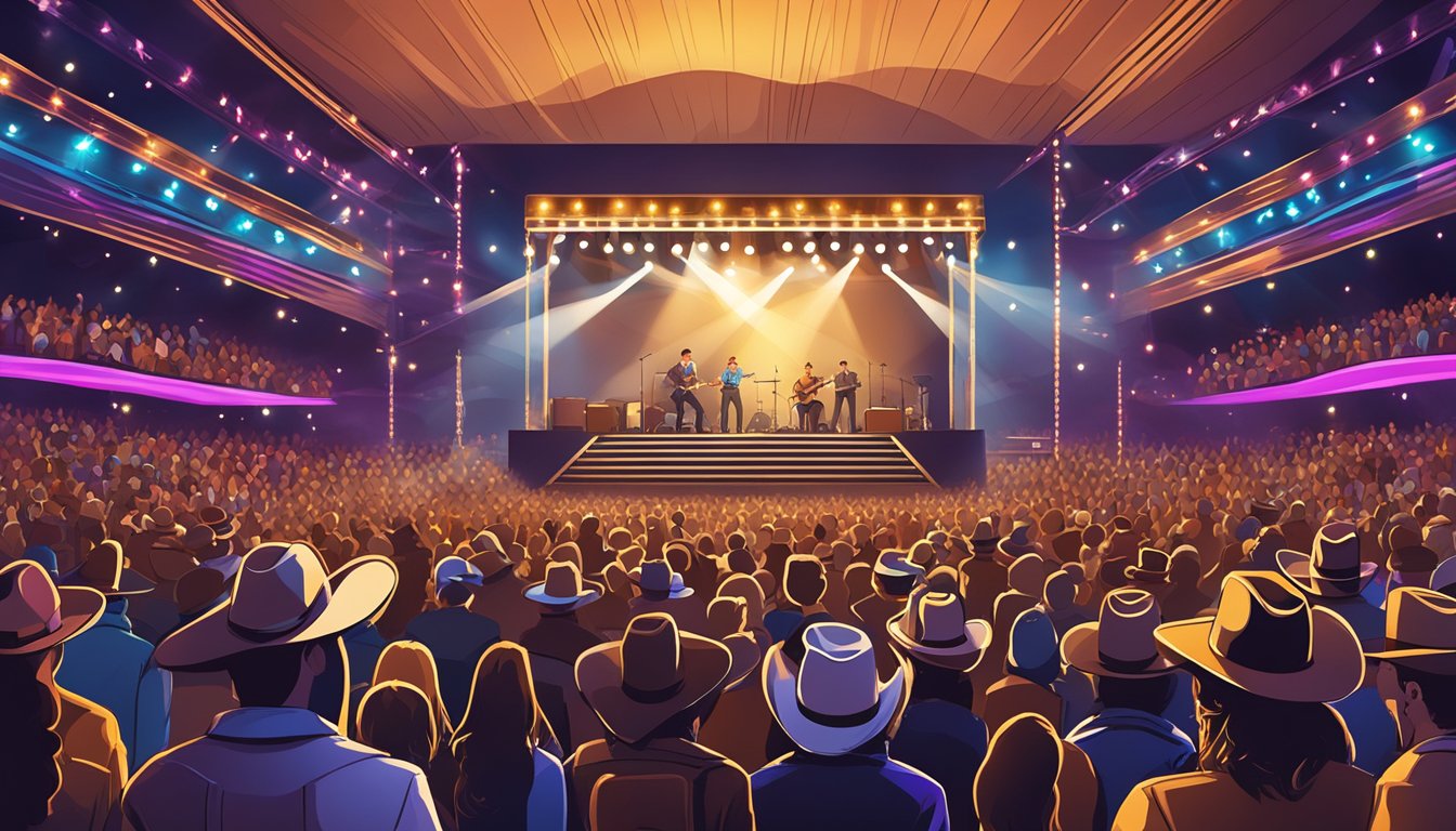 A country music stage with vibrant lights and a crowd of fans cheering, while a cowboy hat and boots are displayed prominently in the foreground