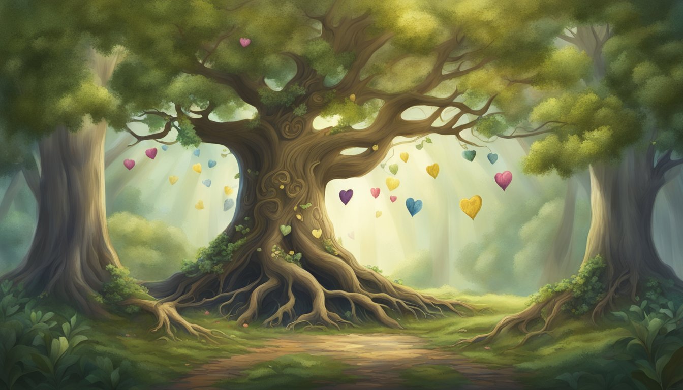 A regal tree with deep roots leading to a heart-shaped clearing, surrounded by fan letters and tokens of admiration