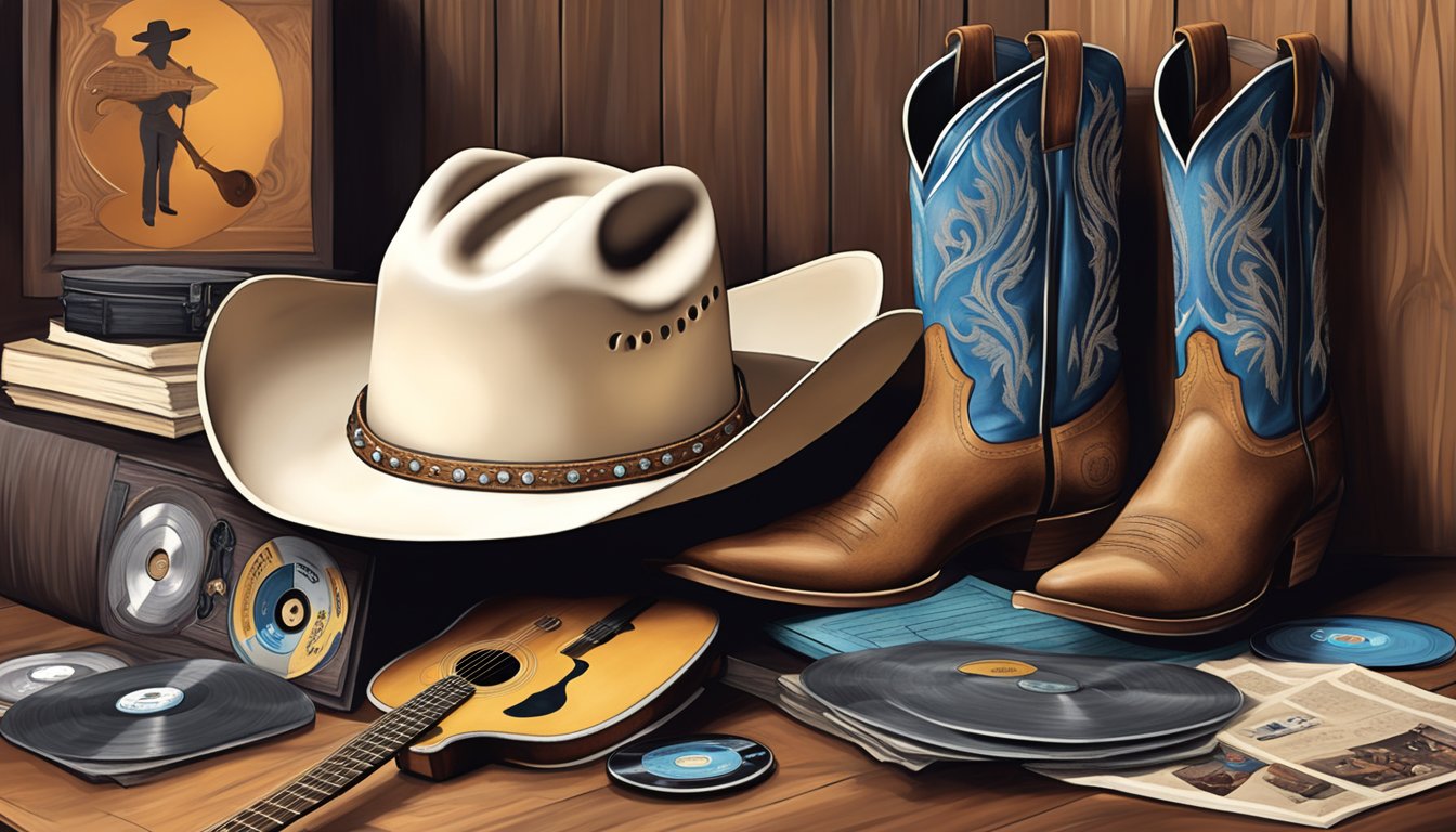 A cowboy hat and boots surrounded by classic country attire, with a guitar and records featuring George Strait's iconic album covers