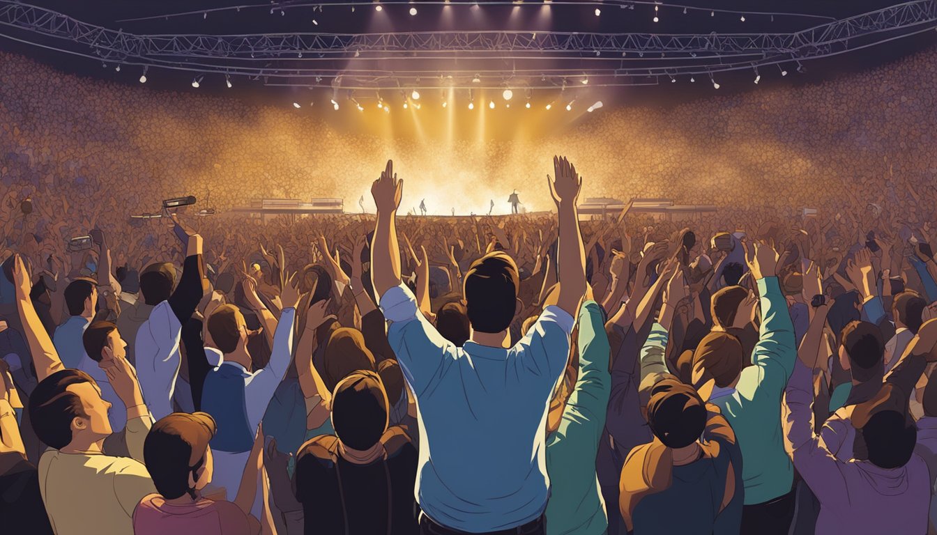 A crowd of fans gather around the stage, waving their arms and singing along as George performs his iconic songs with passion