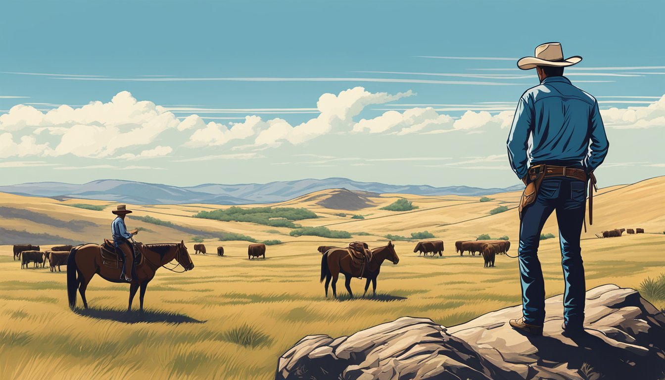 A lone cowboy strategizes on a Texas ranch, surrounded by rolling hills and a vast blue sky