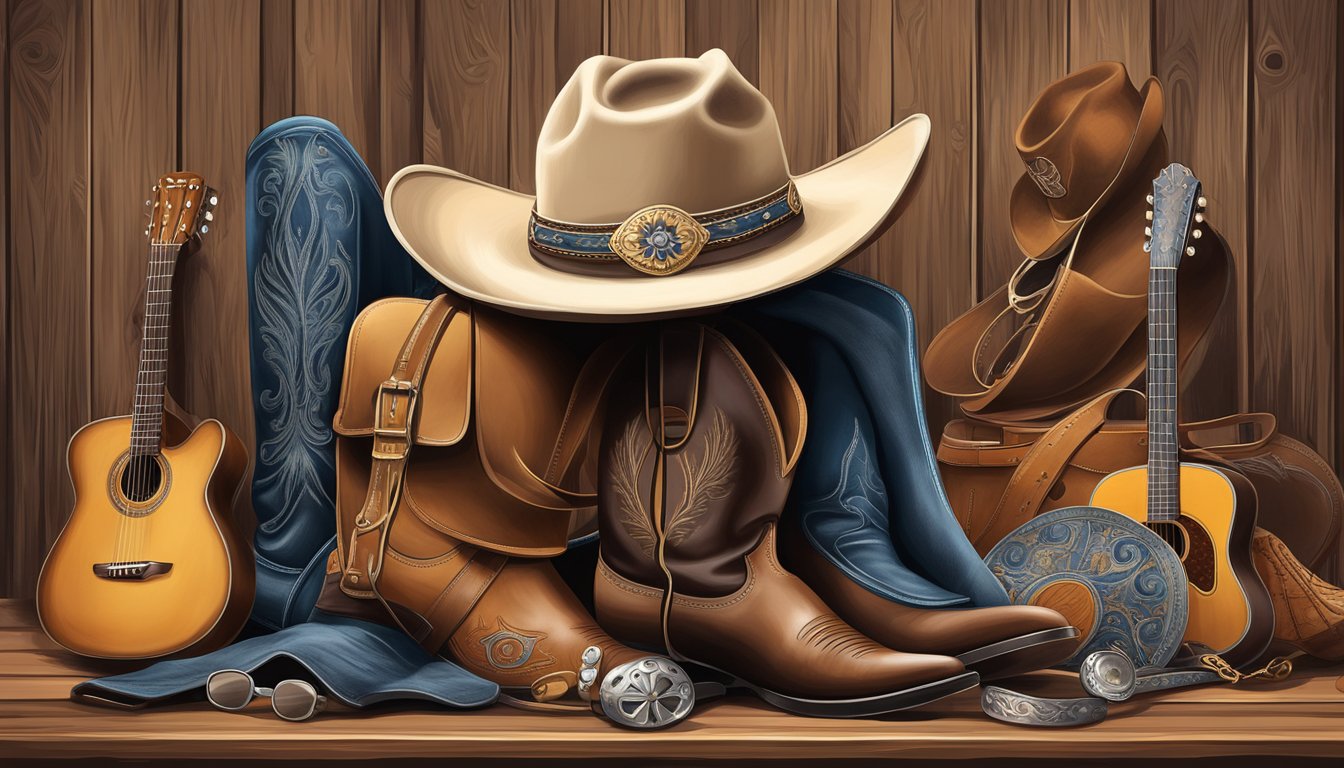 A cowboy hat and boots next to a classic guitar, surrounded by iconic western wear and accessories