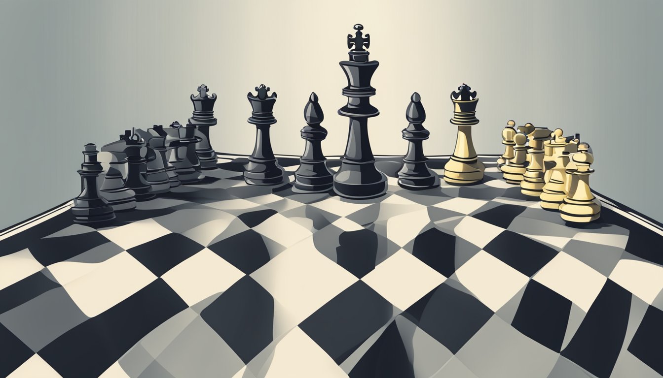 A chessboard with pieces strategically placed, a crown symbolizing success, and a spotlight shining on it