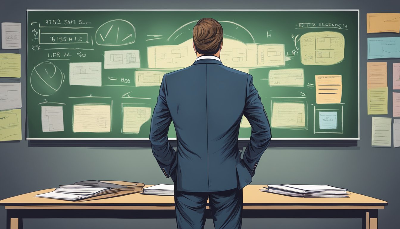 A stern-looking figure in a business suit standing in front of a chalkboard with a clear and direct educational message