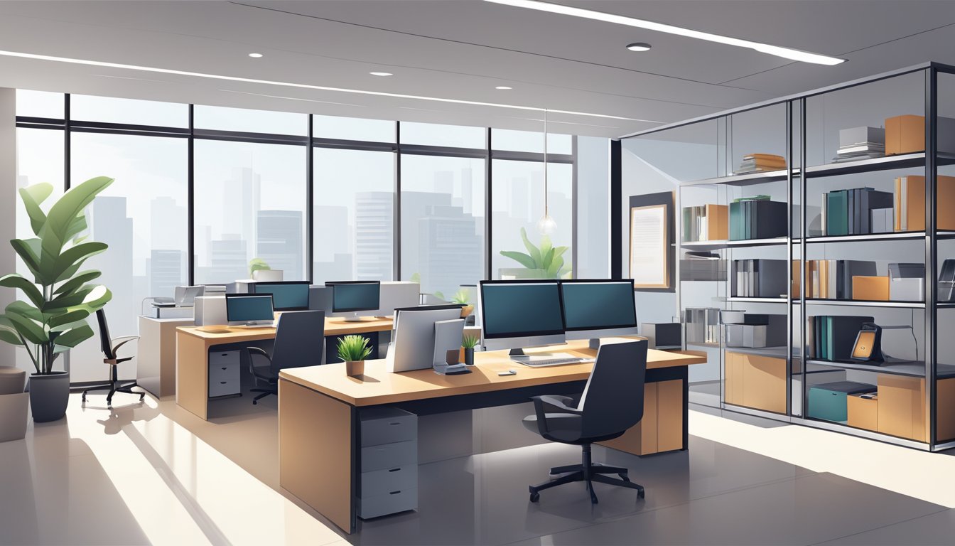 A sleek, modern office with sharp lines and minimalistic decor. A no-nonsense atmosphere exudes from the tidy desk and organized shelves