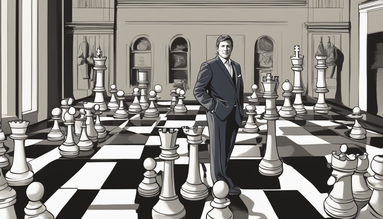 George Strait strategizing career moves on a chessboard with various pieces representing partnerships and collaborations