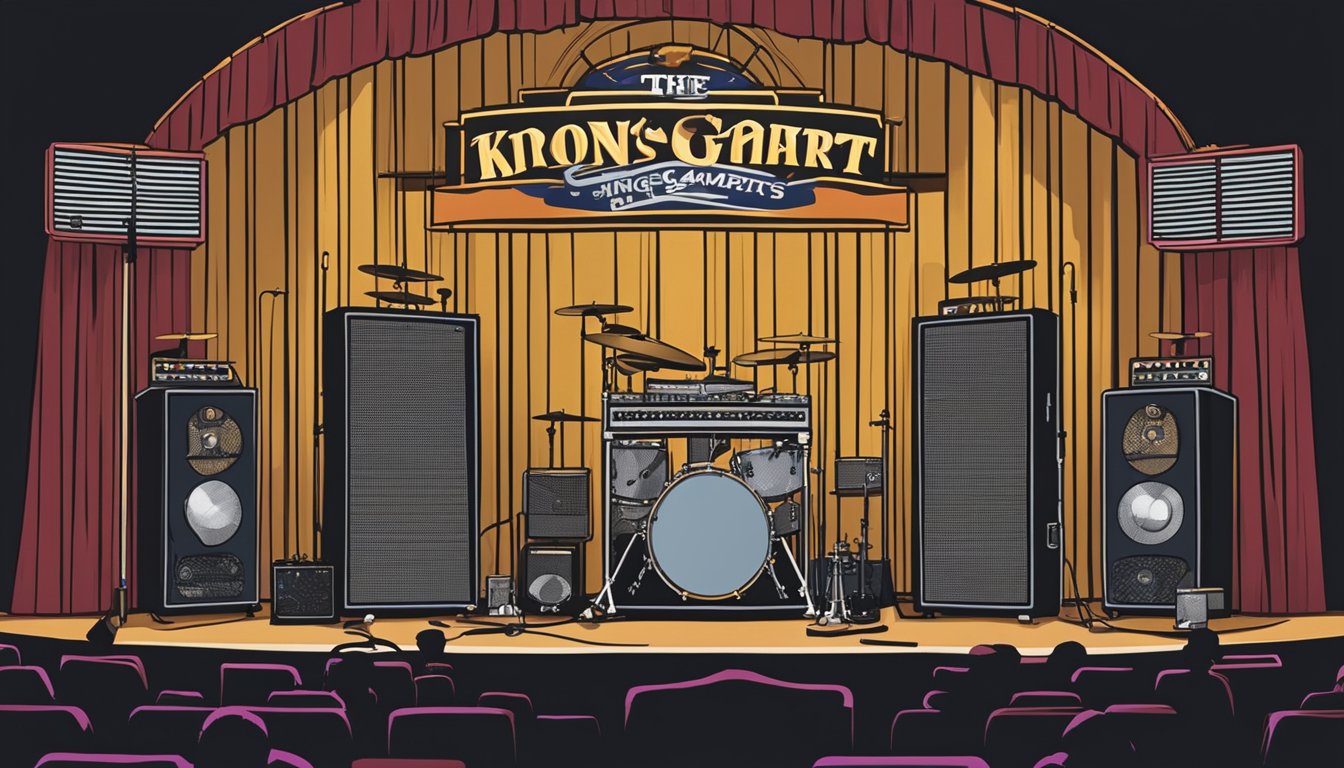 A stage with a spotlight on a lone microphone stand, surrounded by instruments and amplifiers. A large banner with "The King's Gambit: George Strait's Strategic Career Moves" hangs in the background