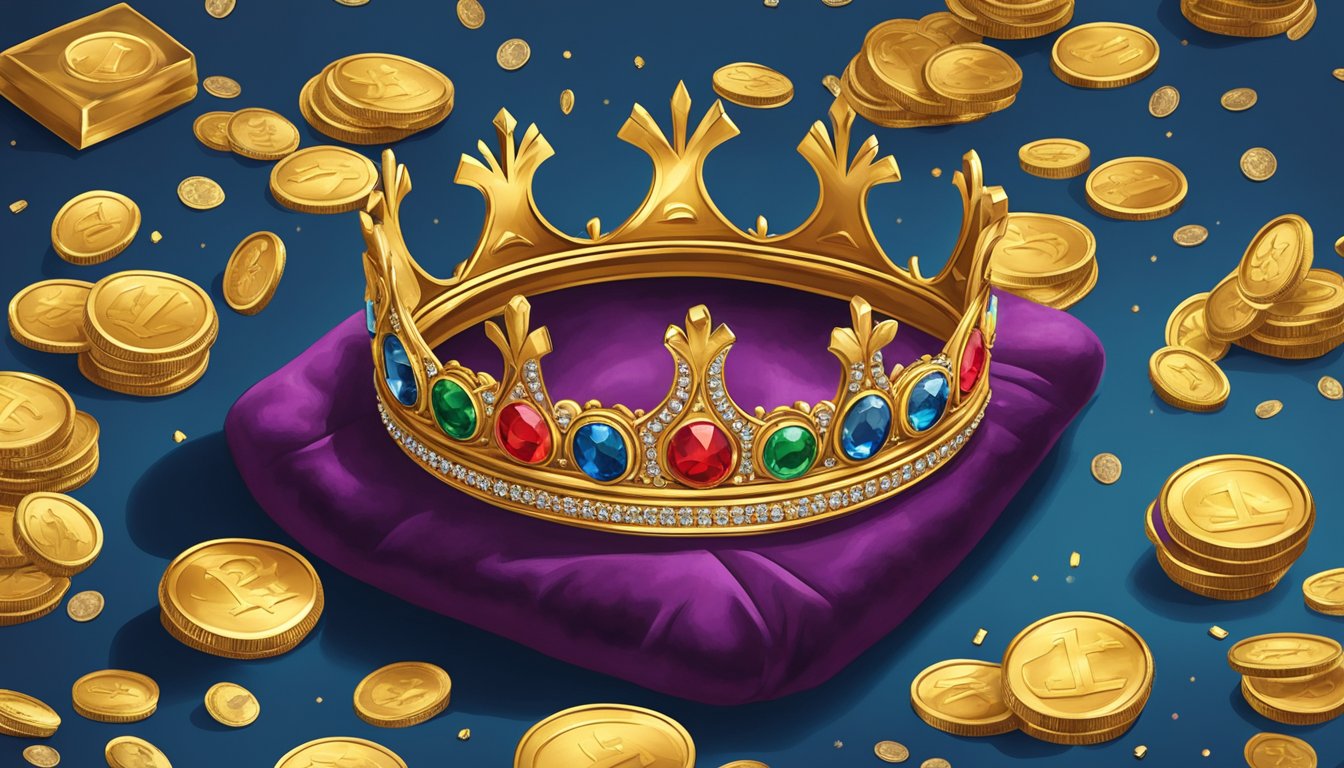 A crown sits atop a velvet pillow, surrounded by golden coins and jewels, symbolizing the regal brand of George Strait