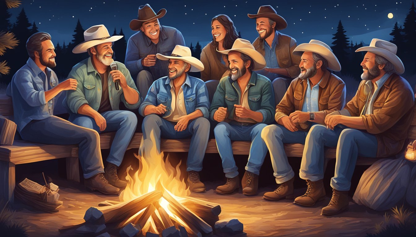 A group of country music legends gather around a campfire, sharing stories and laughter under a starry night sky