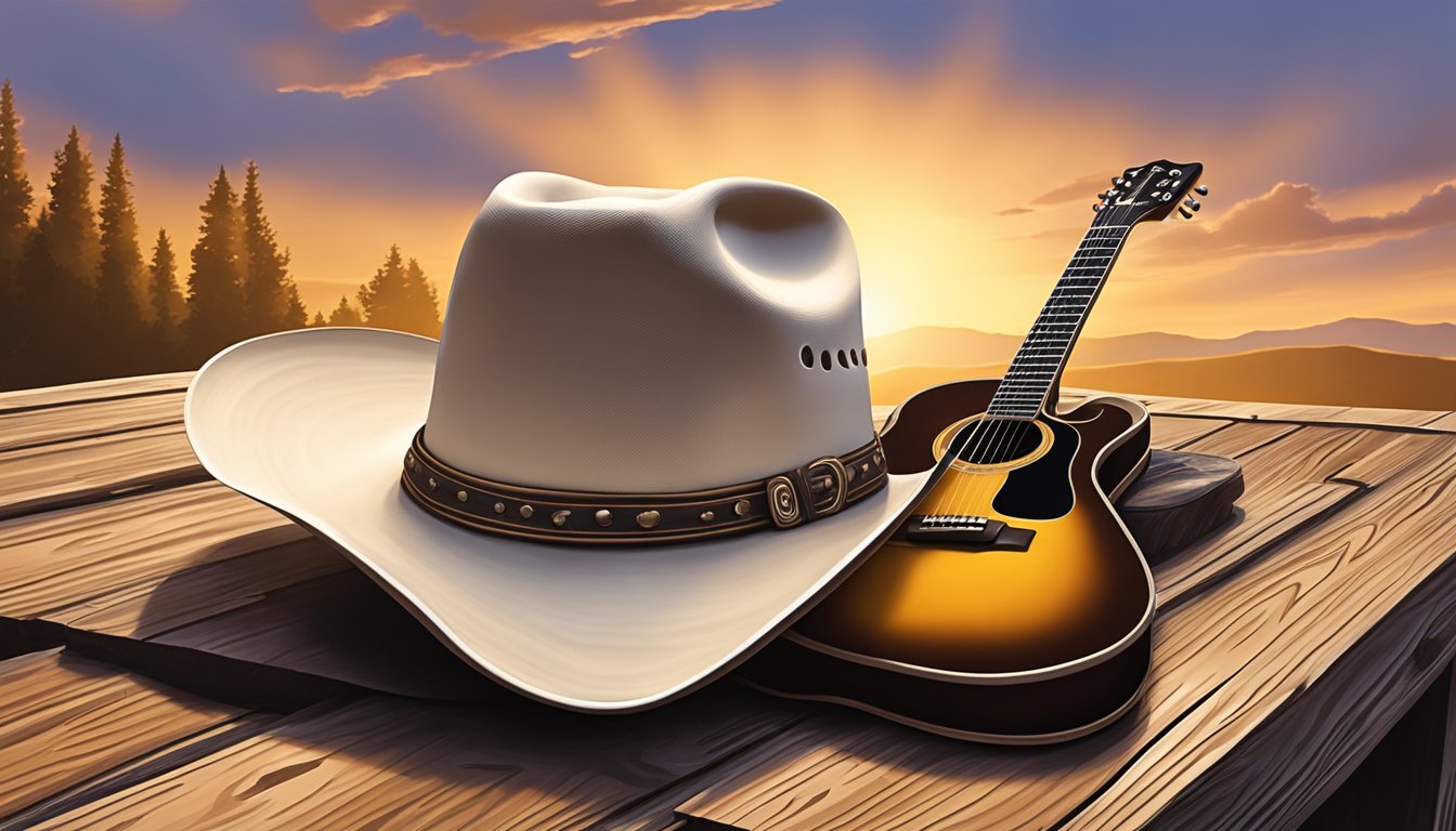 A cowboy hat and guitar rest on a weathered wooden stage, framed by a backdrop of rolling hills and a setting sun