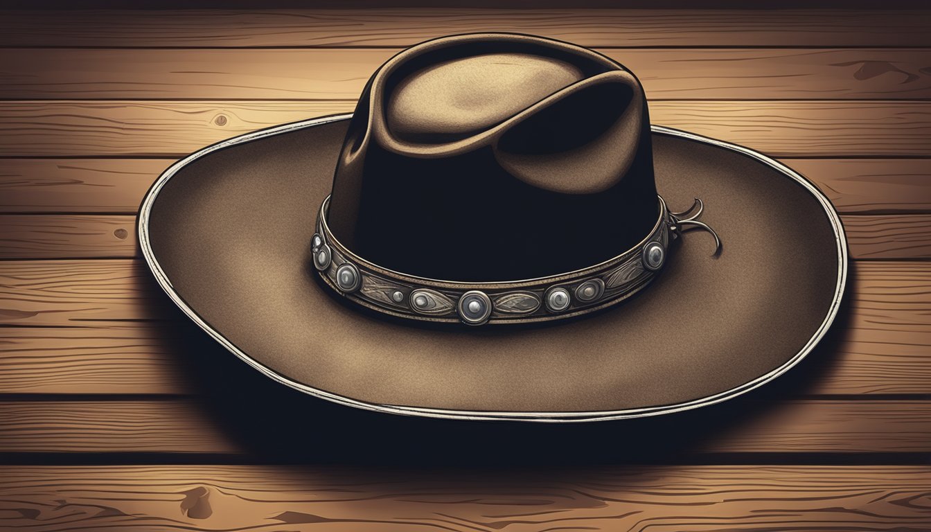 A cowboy hat with a guitar and a crown placed on a rustic wooden table with a spotlight shining down