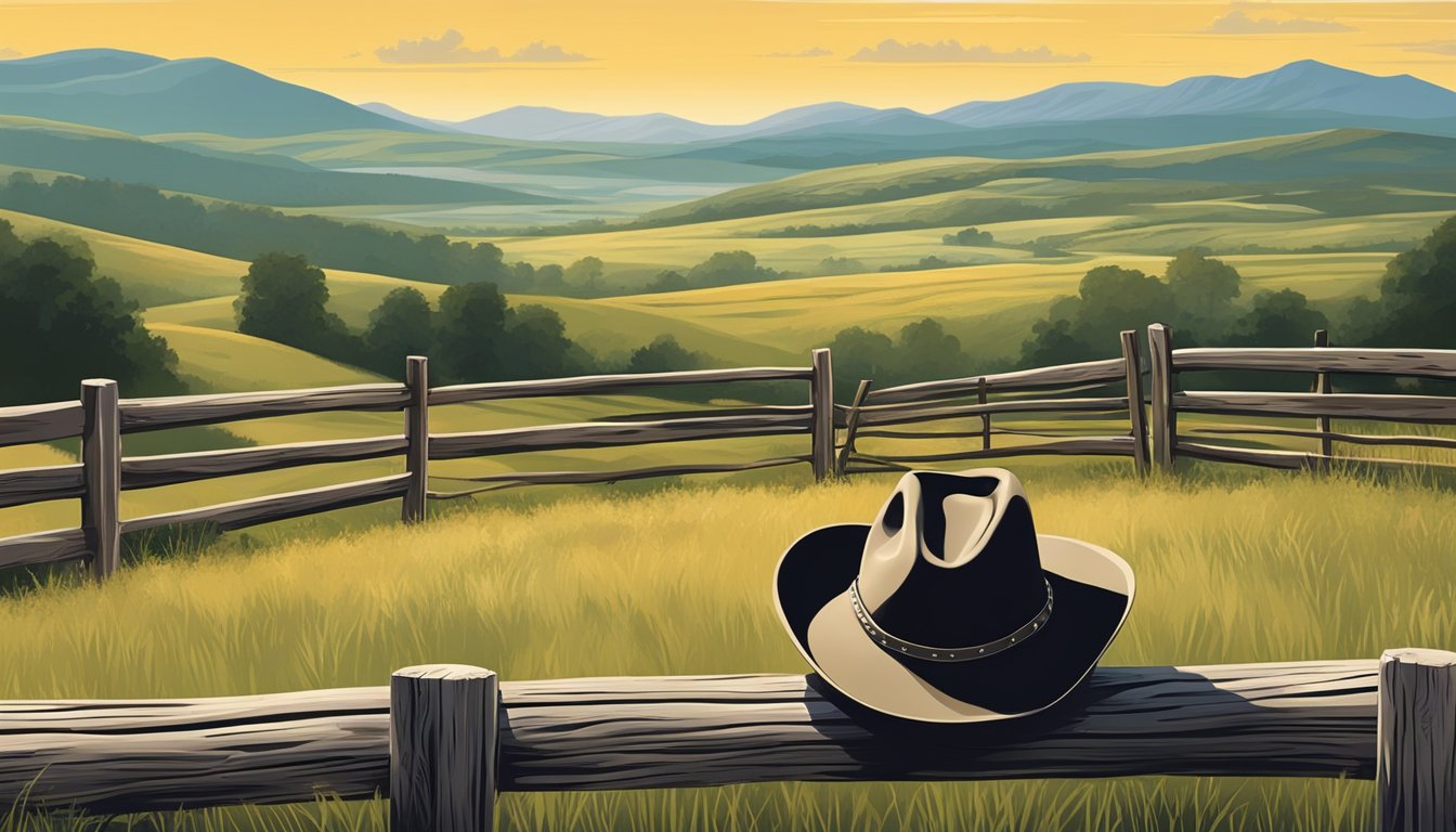 A lone cowboy hat rests on a weathered wooden fence, surrounded by rolling hills and a vast expanse of open countryside