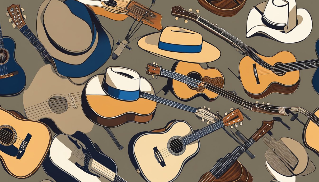 A group of iconic country music instruments, including guitars, fiddles, and cowboy hats, are arranged in a circle, symbolizing the interconnected relationships between George Strait and other country music legends