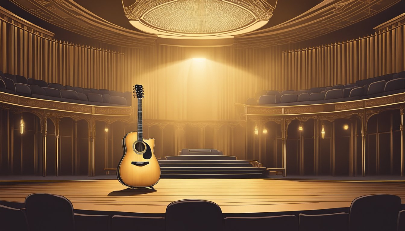 A lone guitar sits on a stage bathed in a spotlight, surrounded by empty seats. The soft glow of the spotlight highlights the intricate details of the instrument, setting the scene for an emotional ballad