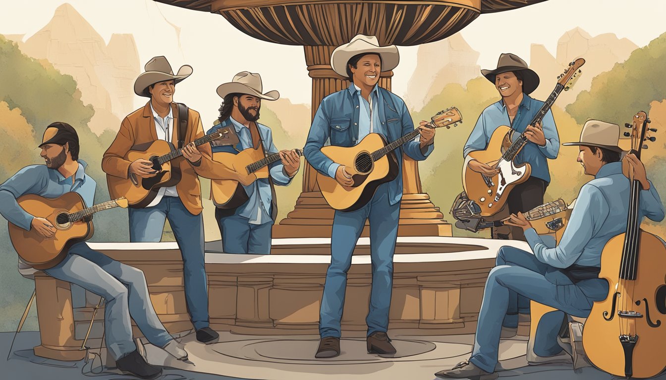 A group of musicians surrounding George Strait, exchanging ideas and playing instruments. A crown symbolizing his iconic brand sits atop a pedestal