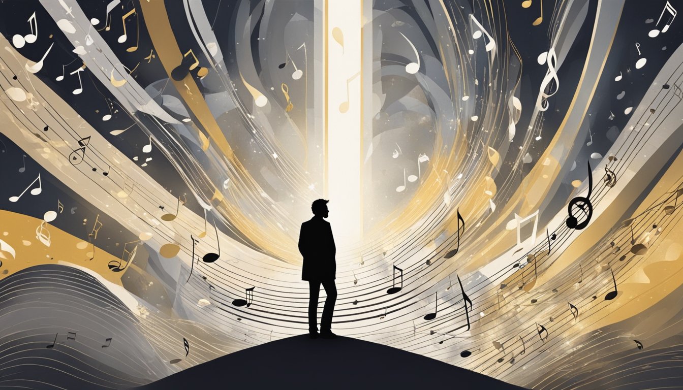 A lone figure stands under a spotlight, surrounded by swirling emotions and music notes, conveying the deep emotional impact of George's iconic ballads